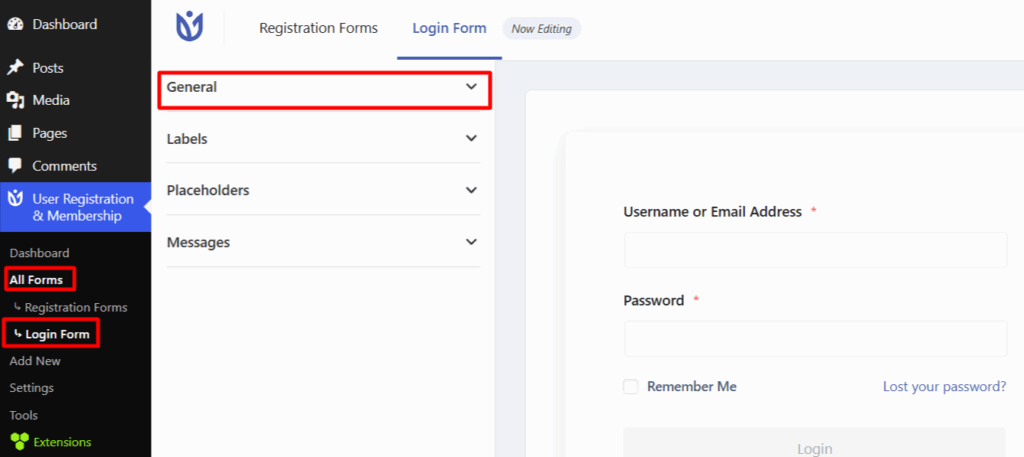 Navigate to Login Form General Settings