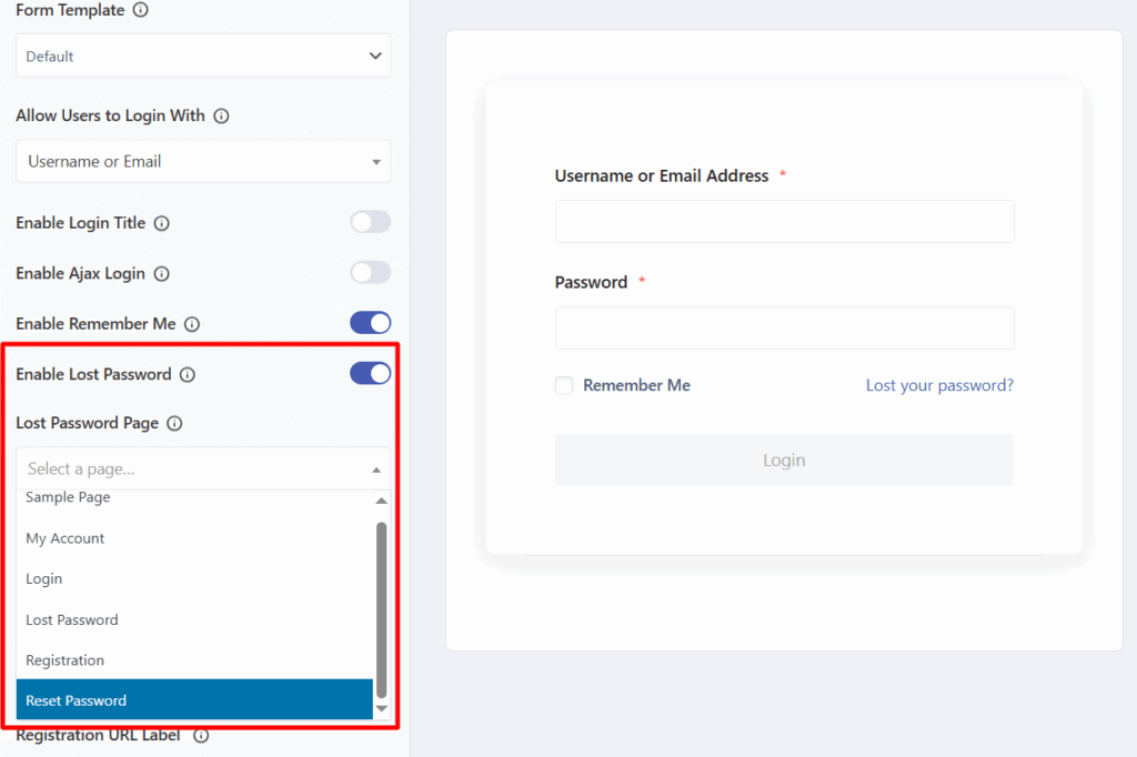 Select New Lost Password Page