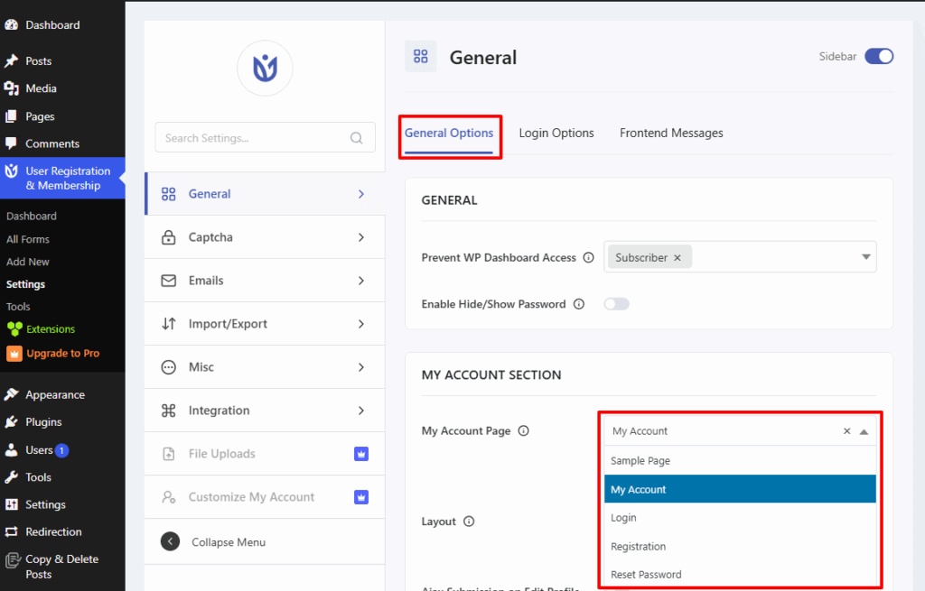 Select Proper My Account Page