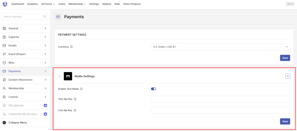 Global Mollie Settings