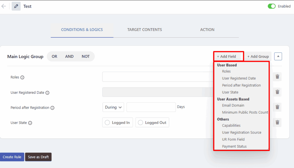 Add Field Options for Content Rules