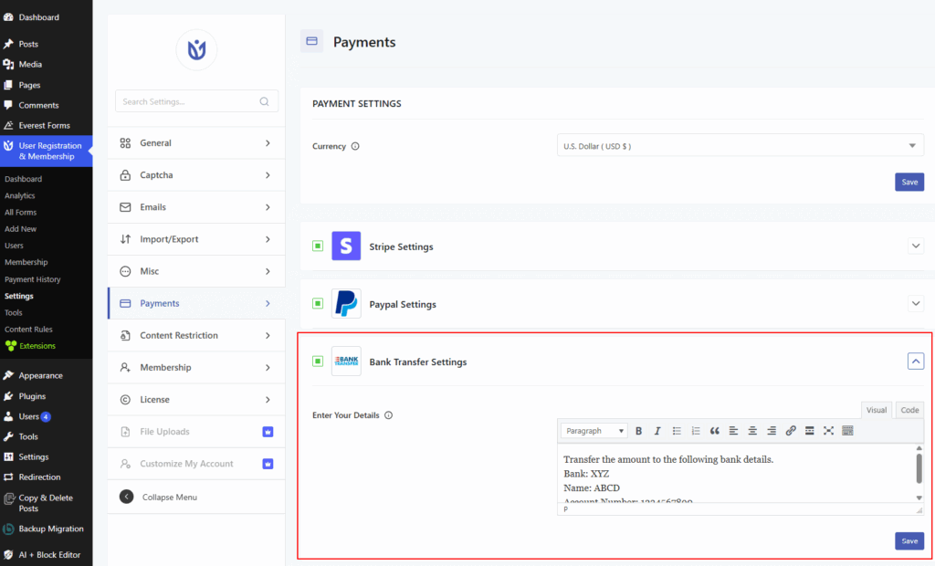 Bank Transfer Settings