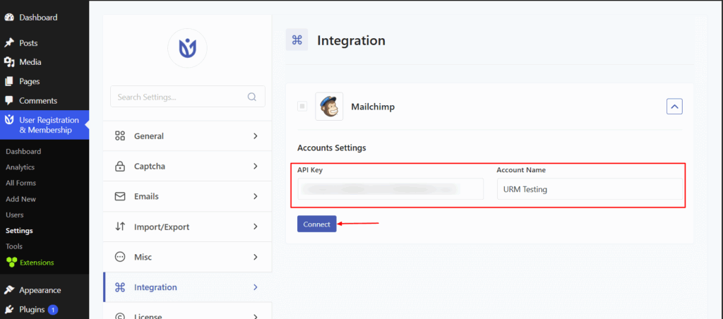 Paste Mailchimp API Key in URM