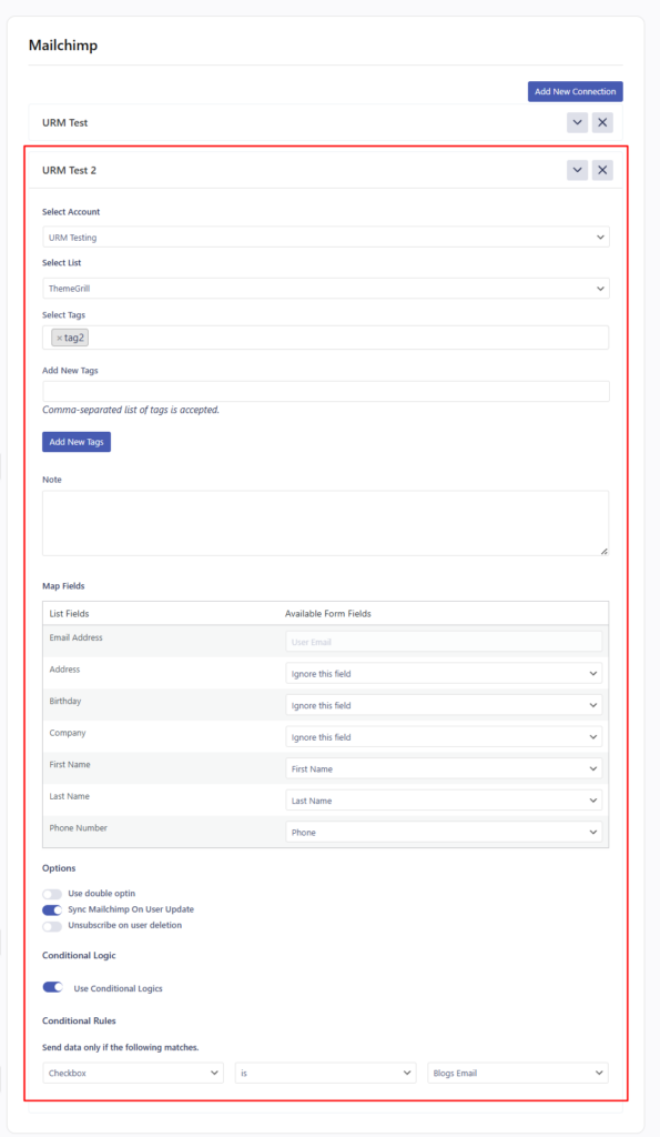 Second Connection for Mailchimp